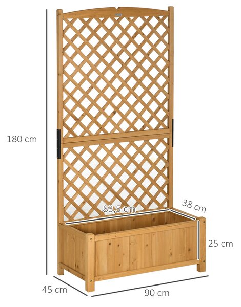 Zahradní záhon Outsunny s treláží a květináčem pro popínavé rostliny, květinová kultivace pro venkovní terasu, balkon 90x45x180 cm, přírodní dřevo | A
