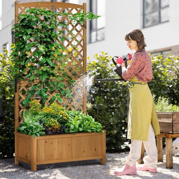 Zahradní záhon Outsunny s treláží a květináčem pro popínavé rostliny, květinová kultivace pro venkovní terasu, balkon 90x45x180 cm, přírodní dřevo | A
