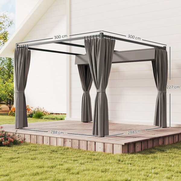 Outsunny skleněná Pergola se Stahovací Střechou 3x3 m se Sidelními Stěnami Voděodolný Polyesterový Kryt pro Zahradní Terasu | Aosom