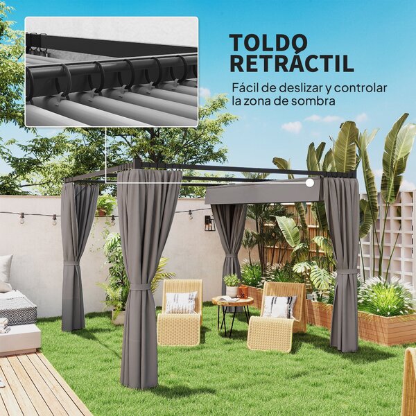 Outsunny skleněná Pergola se Stahovací Střechou 3x3 m se Sidelními Stěnami Voděodolný Polyesterový Kryt pro Zahradní Terasu | Aosom