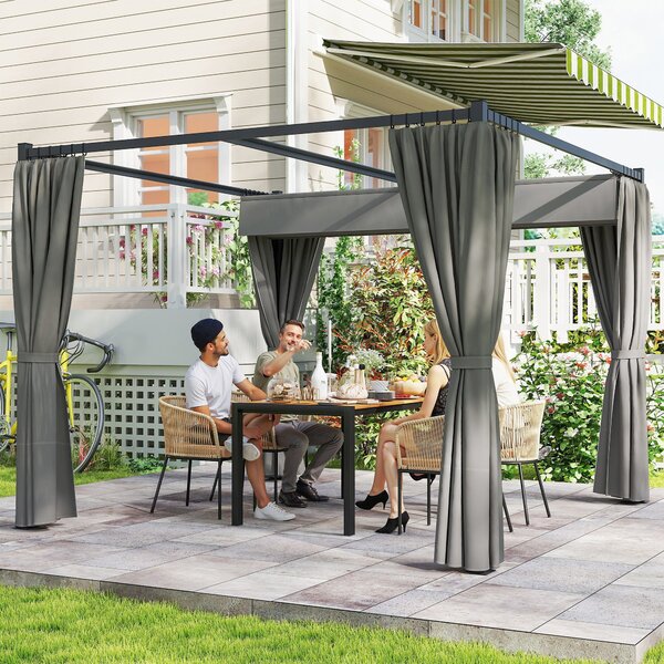 Outsunny skleněná Pergola se Stahovací Střechou 3x3 m se Sidelními Stěnami Voděodolný Polyesterový Kryt pro Zahradní Terasu | Aosom
