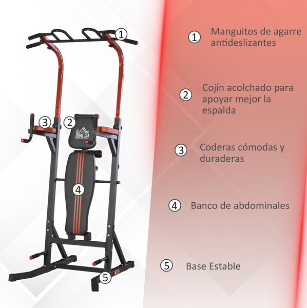 HOMCOM Workout Stanice, Tréninková Věž s Nastavitelnou Výškou a 5-Polohovým Polštářem na Záda, Hrazda pro Shyby, Kliky, Ocel 108x178x202-238 cm Černá