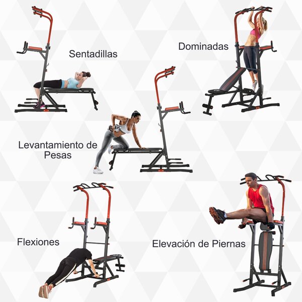 HOMCOM Workout Stanice, Tréninková Věž s Nastavitelnou Výškou a 5-Polohovým Polštářem na Záda, Hrazda pro Shyby, Kliky, Ocel 108x178x202-238 cm Černá