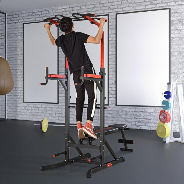 HOMCOM Workout Stanice, Tréninková Věž s Nastavitelnou Výškou a 5-Polohovým Polštářem na Záda, Hrazda pro Shyby, Kliky, Ocel 108x178x202-238 cm Černá
