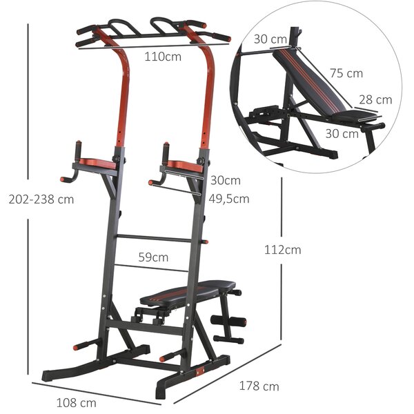 HOMCOM Workout Stanice, Tréninková Věž s Nastavitelnou Výškou a 5-Polohovým Polštářem na Záda, Hrazda pro Shyby, Kliky, Ocel 108x178x202-238 cm Černá