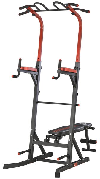 HOMCOM Workout Stanice, Tréninková Věž s Nastavitelnou Výškou a 5-Polohovým Polštářem na Záda, Hrazda pro Shyby, Kliky, Ocel 108x178x202-238 cm Černá