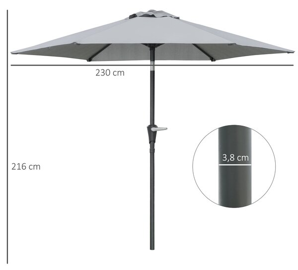 Zahradní deštník Outsunny Ø230 cm s nastavitelným sklonem a ručním křivým, voděodolný deštník pro terasu šedý | Aosom