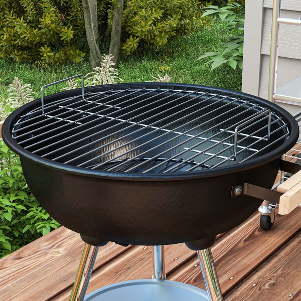 Gril na dřevěné uhlí Outsunny s kolečky - přenosný barbecue gril s emaillonovaným víkem a miskou, dřevěné úchyty, 48x56x85cm pro venkovní zahradní pik