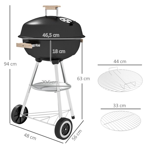 Gril na dřevěné uhlí Outsunny s kolečky - přenosný barbecue gril s emaillonovaným víkem a miskou, dřevěné úchyty, 48x56x85cm pro venkovní zahradní pik