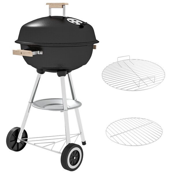Gril na dřevěné uhlí Outsunny s kolečky - přenosný barbecue gril s emaillonovaným víkem a miskou, dřevěné úchyty, 48x56x85cm pro venkovní zahradní pik