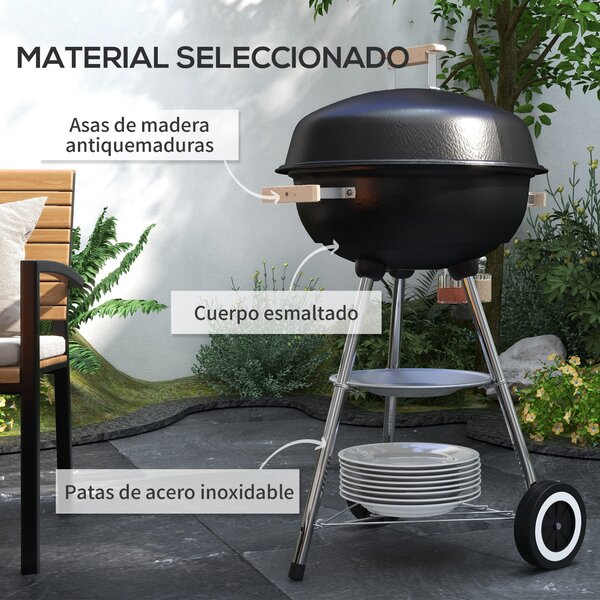 Gril na dřevěné uhlí Outsunny s kolečky - přenosný barbecue gril s emaillonovaným víkem a miskou, dřevěné úchyty, 48x56x85cm pro venkovní zahradní pik