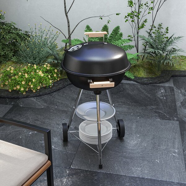 Gril na dřevěné uhlí Outsunny s kolečky - přenosný barbecue gril s emaillonovaným víkem a miskou, dřevěné úchyty, 48x56x85cm pro venkovní zahradní pik