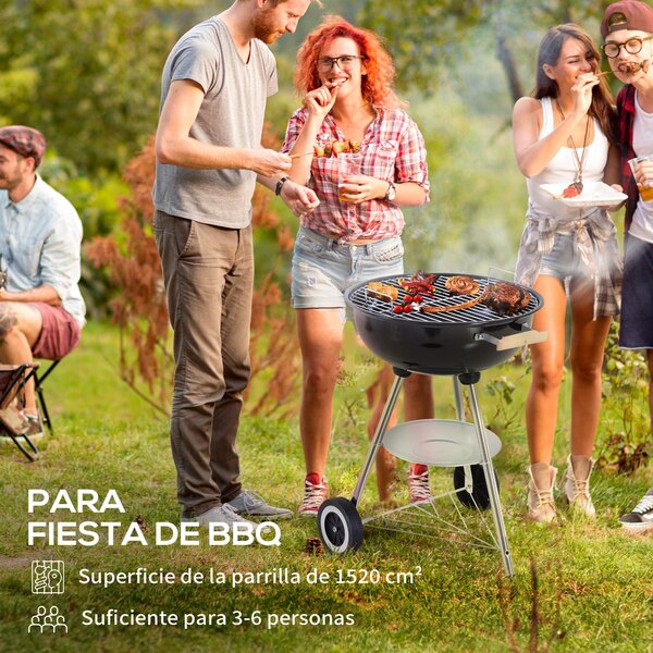 Gril na dřevěné uhlí Outsunny s kolečky - přenosný barbecue gril s emaillonovaným víkem a miskou, dřevěné úchyty, 48x56x85cm pro venkovní zahradní pik
