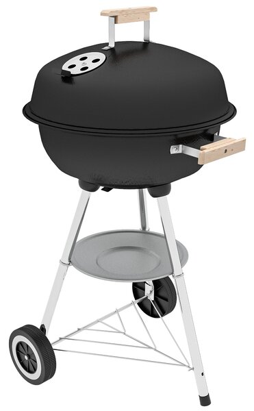 Gril na dřevěné uhlí Outsunny s kolečky - přenosný barbecue gril s emaillonovaným víkem a miskou, dřevěné úchyty, 48x56x85cm pro venkovní zahradní pik