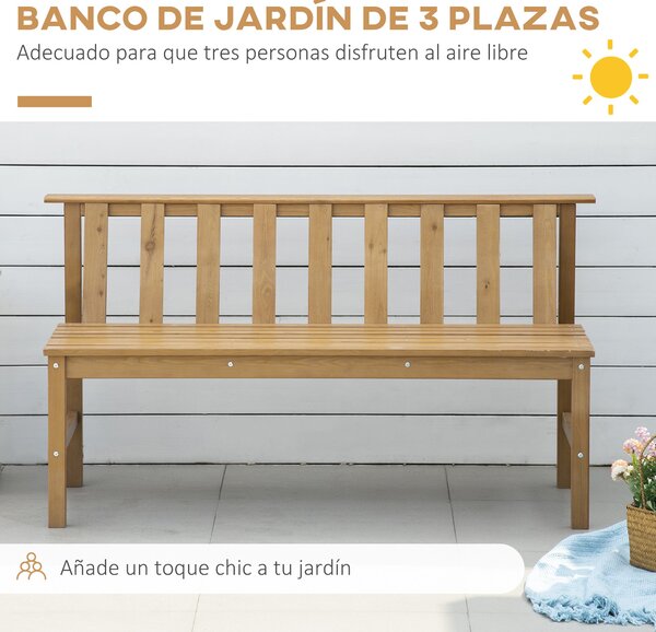 Outsunny Zahradní Lavice pro 3 Osoby, Dřevěná Lavice se Štěrbinovým Opěradlem na Terasu, Balkon, Zatížení 360 kg, 144x60x77 cm, Přírodní | Aosom