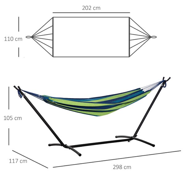Houpací síť Outsunny s konstrukcí 310x117 cm, přenosná kempovací houpací síť s nastavitelnou výškou, nosnost 120 kg, pruhovaná zelená a modrá | Aosom