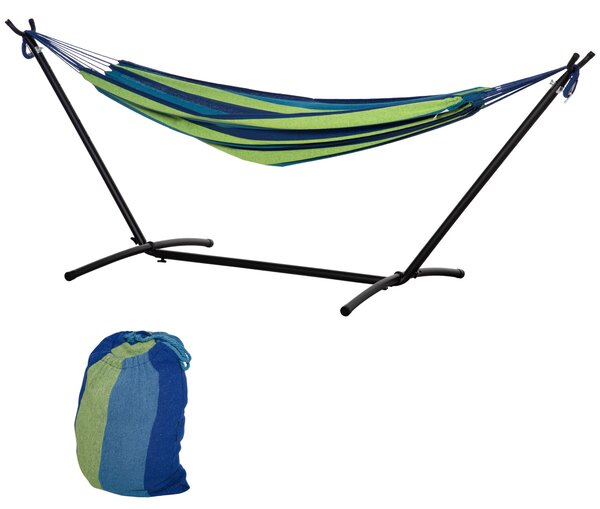 Houpací síť Outsunny s konstrukcí 310x117 cm, přenosná kempovací houpací síť s nastavitelnou výškou, nosnost 120 kg, pruhovaná zelená a modrá | Aosom