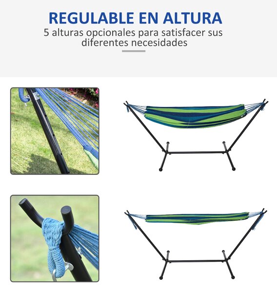 Houpací síť Outsunny s konstrukcí 310x117 cm, přenosná kempovací houpací síť s nastavitelnou výškou, nosnost 120 kg, pruhovaná zelená a modrá | Aosom