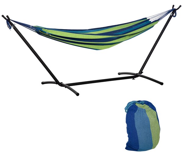 Houpací síť Outsunny s konstrukcí 310x117 cm, přenosná kempovací houpací síť s nastavitelnou výškou, nosnost 120 kg, pruhovaná zelená a modrá | Aosom