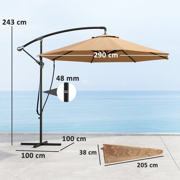 Závěsný slunečník Ø 290 cm s křížovým podstavcem, manuální ovládání a ochranným krytem, UV 50+ a větracími provázky pro terasu nebo patio - Khaki | Ao