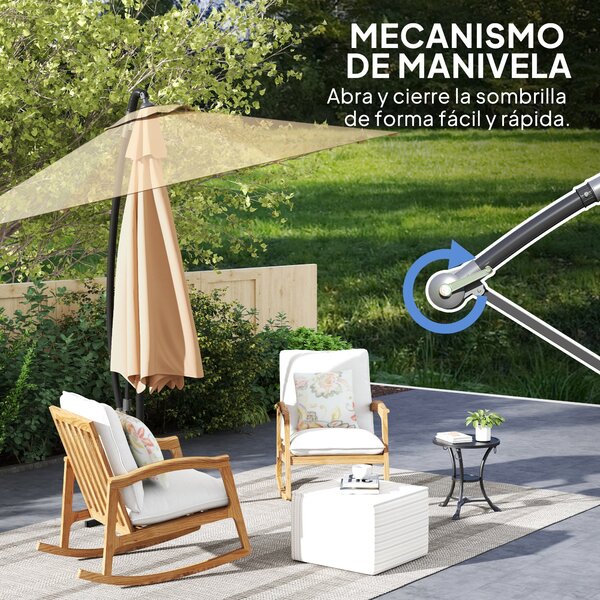 Závěsný slunečník Ø 290 cm s křížovým podstavcem, manuální ovládání a ochranným krytem, UV 50+ a větracími provázky pro terasu nebo patio - Khaki | Ao