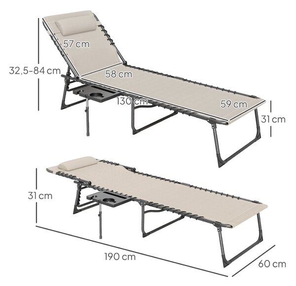 Outsunny Skládací Sluneční Lehátko do Zahrady s Nastavitelným Opěradlem, Podhlavníkem, Boční Kapsou a Táckem, Ocelový Rám, Nosnost 120 kg, 190x60x31 c