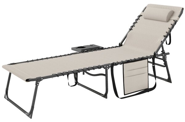 Outsunny Skládací Sluneční Lehátko do Zahrady s Nastavitelným Opěradlem, Podhlavníkem, Boční Kapsou a Táckem, Ocelový Rám, Nosnost 120 kg, 190x60x31 c