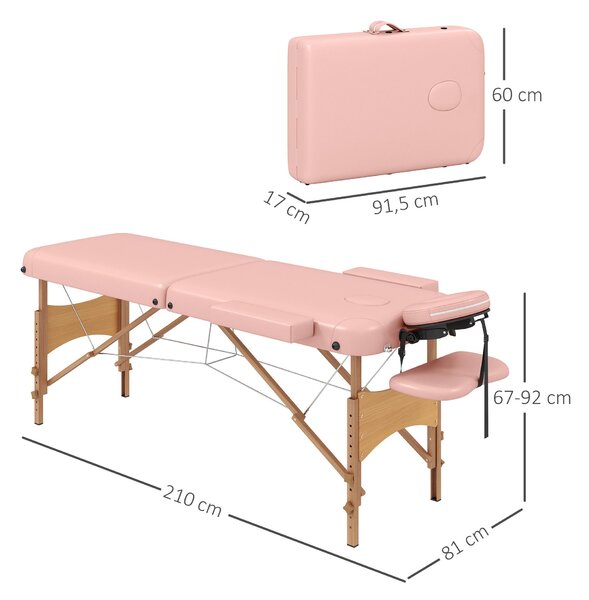 Skládací masážní stůl HOMCOM 210x81 cm Profesionální kosmetický stůl s odnímatelným hlavovým opěradlem, 2 zóny, rukojeť a dřevěný rám s nastavitelnou
