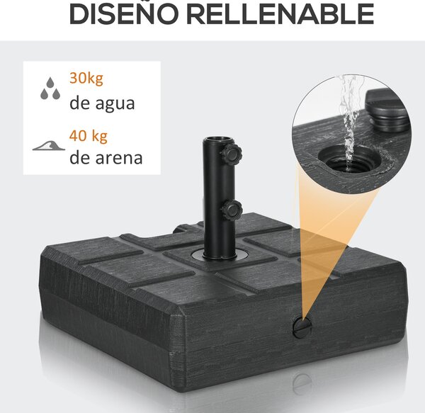 Outsunny Obdélníkový Stojan na Slunečník S Plněním 30 kg Vody a 40 kg Písku pro Tyč Parasolu Ø32/38/48 mm, Zahrada na Terase 49x49x36,5 cm Černá | Aos