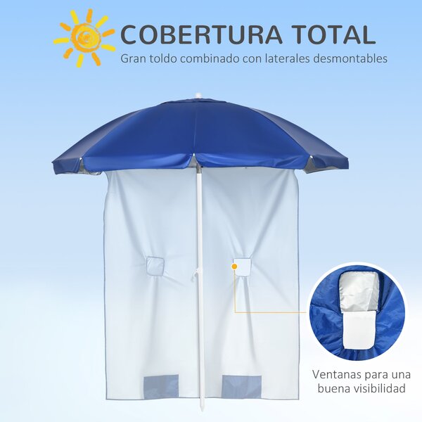 Plážový slunečník Outsunny s bočními panely Ø191x211 cm – slunečník s manuálním ovládáním sklonu, 2 kapsami a 2 okny pro zahradní bazén modrý | Aosom