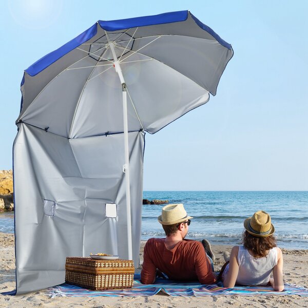 Plážový slunečník Outsunny s bočními panely Ø191x211 cm – slunečník s manuálním ovládáním sklonu, 2 kapsami a 2 okny pro zahradní bazén modrý | Aosom
