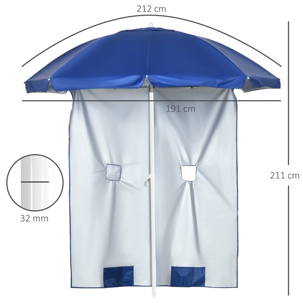 Plážový slunečník Outsunny s bočními panely Ø191x211 cm – slunečník s manuálním ovládáním sklonu, 2 kapsami a 2 okny pro zahradní bazén modrý | Aosom