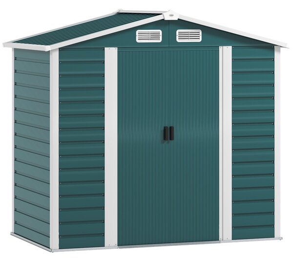 Skladový zahradní domek Outsunny 2,36 m² 213x120x194 cm s posíleným základem (podlaha NENÍ součástí) Dvojité posuvné dveře s zámkem a okny Tmavě zelen