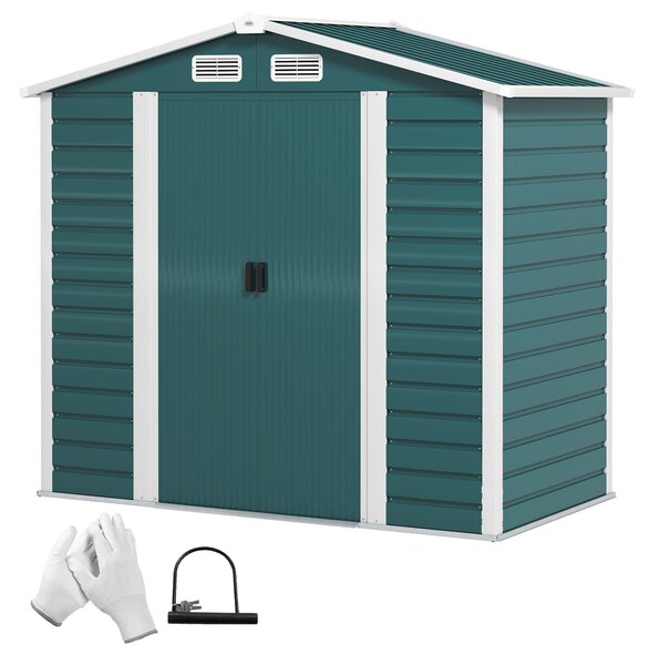 Skladový zahradní domek Outsunny 2,36 m² 213x120x194 cm s posíleným základem (podlaha NENÍ součástí) Dvojité posuvné dveře s zámkem a okny Tmavě zelen