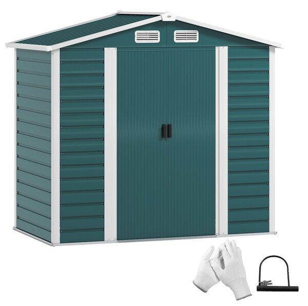 Skladový zahradní domek Outsunny 2,36 m² 213x120x194 cm s posíleným základem (podlaha NENÍ součástí) Dvojité posuvné dveře s zámkem a okny Tmavě zelen