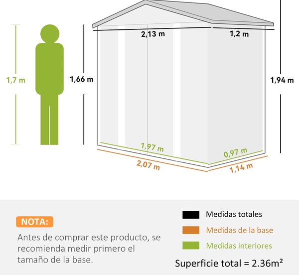 Skladový zahradní domek Outsunny 2,36 m² 213x120x194 cm s posíleným základem (podlaha NENÍ součástí) Dvojité posuvné dveře s zámkem a okny Tmavě zelen