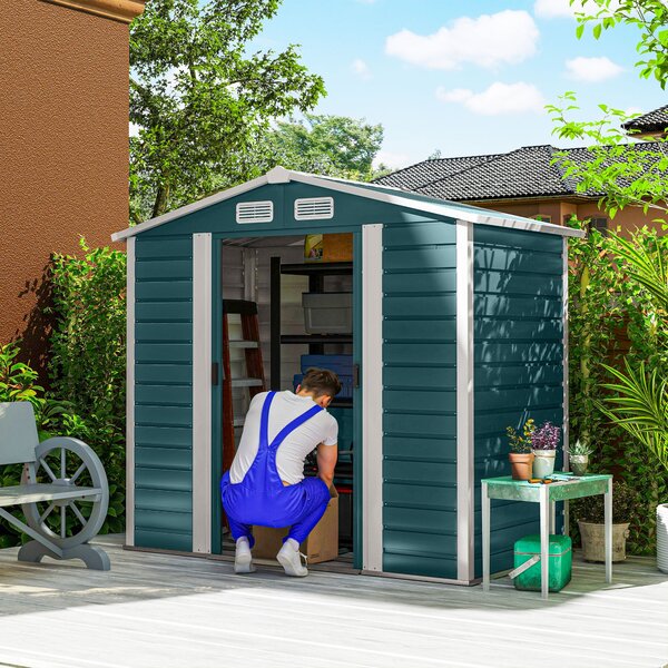 Skladový zahradní domek Outsunny 2,36 m² 213x120x194 cm s posíleným základem (podlaha NENÍ součástí) Dvojité posuvné dveře s zámkem a okny Tmavě zelen