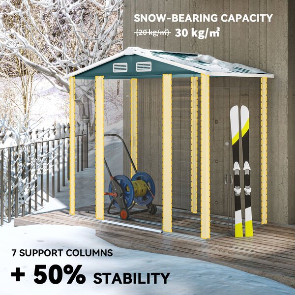 Skladový zahradní domek Outsunny 2,36 m² 213x120x194 cm s posíleným základem (podlaha NENÍ součástí) Dvojité posuvné dveře s zámkem a okny Tmavě zelen