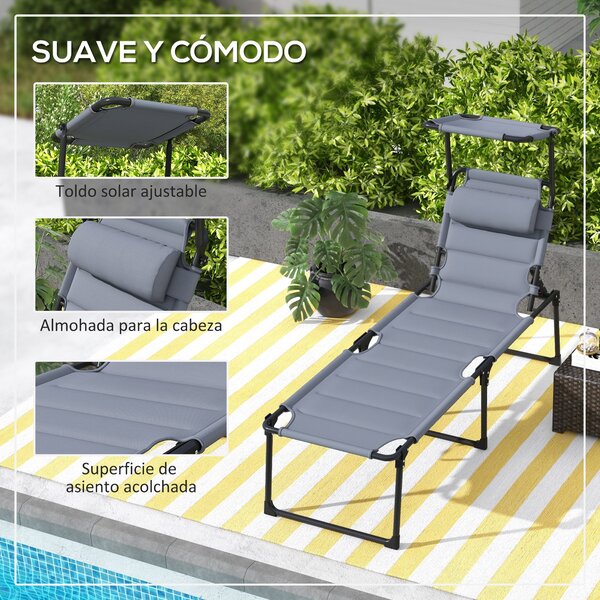 Skládací sluneční lehátko Outsunny s nastavitelnou stříškou a 4 úrovněmi nastavení opěradla pro terasu a bazén 70x200x45 cm Šedé | Aosom