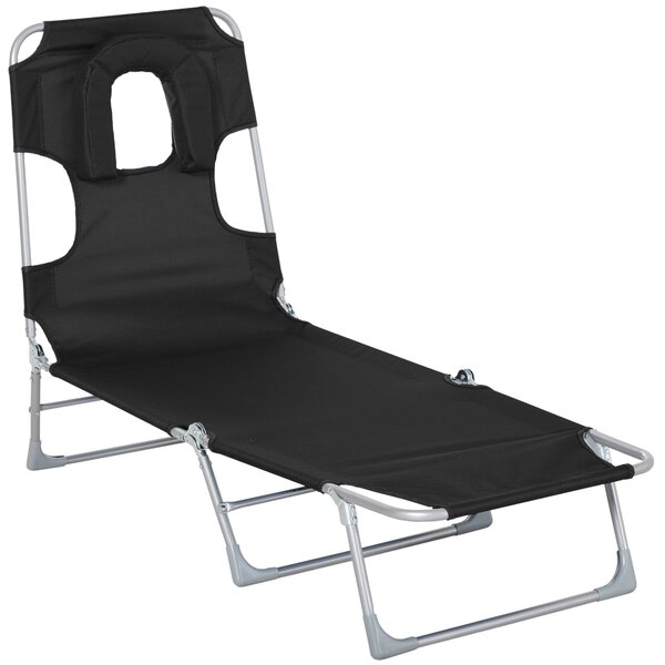 Outsunny Zahradní Skládací Lehátko s Otvorem na Čtení, Opěrkou Hlavy a Nastavitelným Zádovým Opěradlem v 5 Úrovních pro Pláž 182x56x28 cm Černé | Aoso