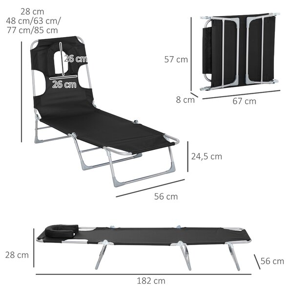 Outsunny Zahradní Skládací Lehátko s Otvorem na Čtení, Opěrkou Hlavy a Nastavitelným Zádovým Opěradlem v 5 Úrovních pro Pláž 182x56x28 cm Černé | Aoso