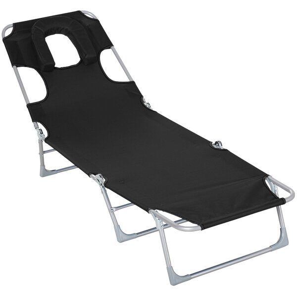 Outsunny Zahradní Skládací Lehátko s Otvorem na Čtení, Opěrkou Hlavy a Nastavitelným Zádovým Opěradlem v 5 Úrovních pro Pláž 182x56x28 cm Černé | Aoso