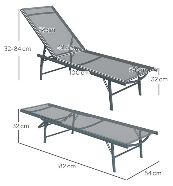 Outsunny Sada 2 Zahradních Lehátka - Outdoor Skládací Sluneční Lehátka S Nastavitelným Opěradlem V 5 Polohách A Kovovým Rámem, Prodyšné Mřížkové Sedad