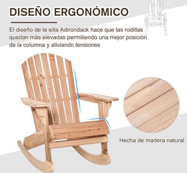 Outsunny Adirondack Dřevěné Houpací Křeslo Přírodní Dřevo 77x94x97 cm pro Zahradu, Terasu, Exteriér v Rustikálním Stylu, Nosnost 130 kg, Barva Teca |