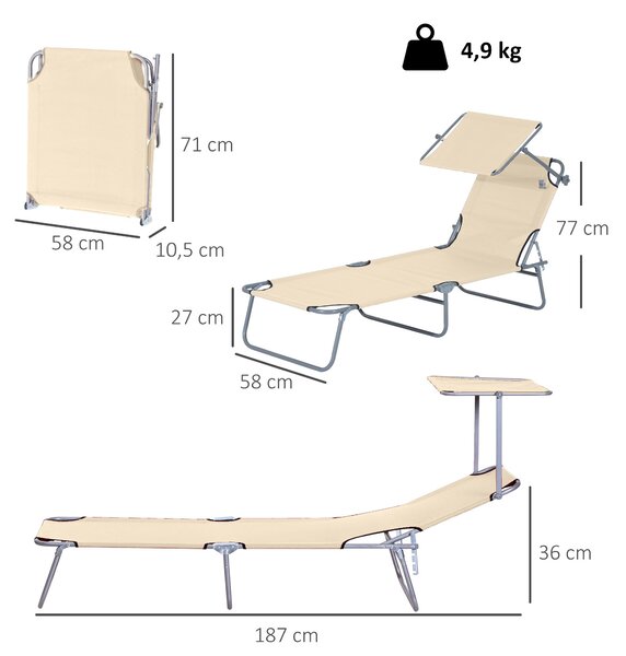 Skládací lehátko Outsunny pro venkovní zahradu s odnímatelnou a nastavitelnou stříškou, nastavitelné ve 4 úrovních pro terasu, bazén a patio 187x58x36