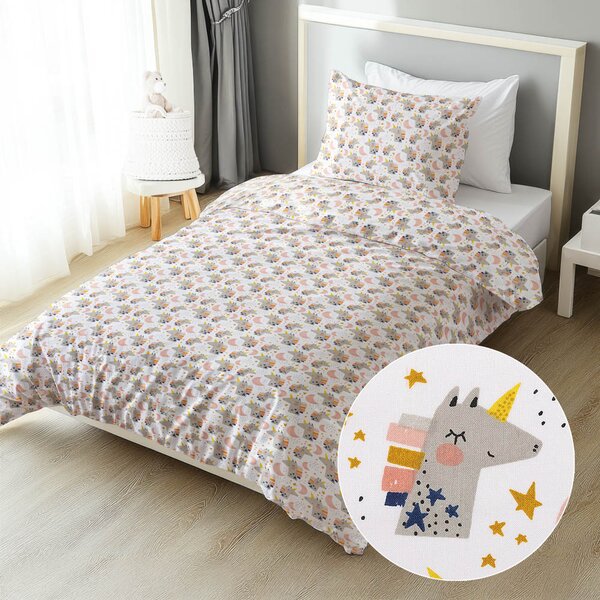 Biante Dětské bavlněné ložní povlečení Sandra SA-562 Spící jednorožci mezi hvězdičkami na bílém Jednolůžko 140x200 a 70x90 cm