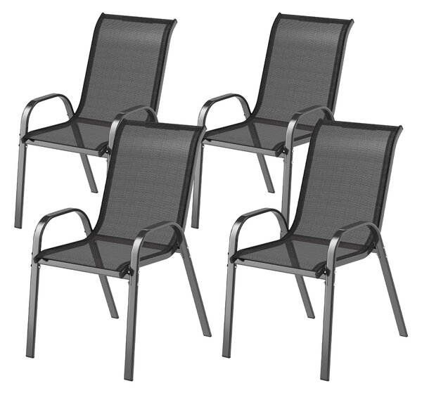 Outsunny Sada 4 Zahradních Židlí pro Exteriér Stohovatelné Terasové Židle s Prodyšnou Tkaninou Ocelový Rám Područky a Vysoké Opěradlo 54x71x93 cm Čern