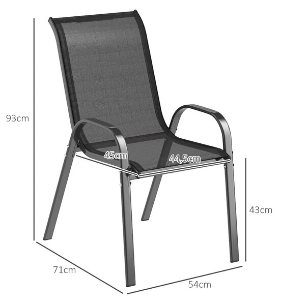 Outsunny Sada 4 Zahradních Židlí pro Exteriér Stohovatelné Terasové Židle s Prodyšnou Tkaninou Ocelový Rám Područky a Vysoké Opěradlo 54x71x93 cm Čern