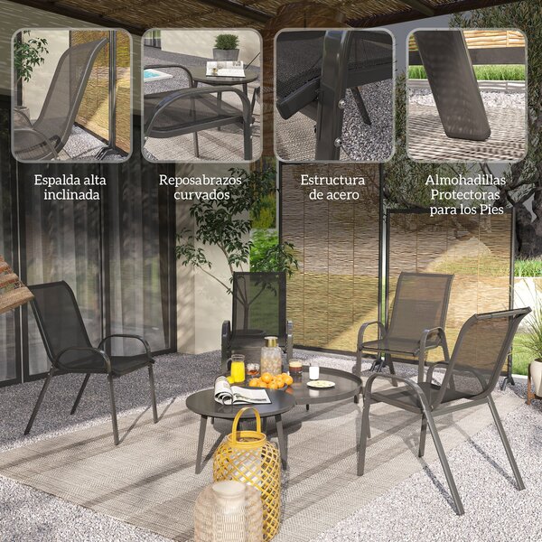 Outsunny Sada 4 Zahradních Židlí pro Exteriér Stohovatelné Terasové Židle s Prodyšnou Tkaninou Ocelový Rám Područky a Vysoké Opěradlo 54x71x93 cm Čern