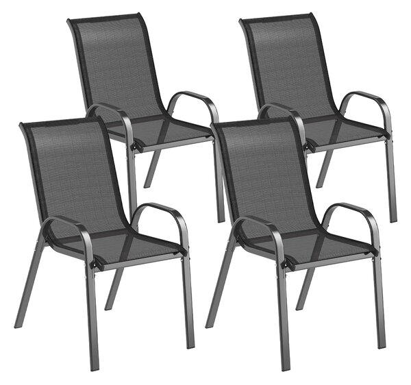 Outsunny Sada 4 Zahradních Židlí pro Exteriér Stohovatelné Terasové Židle s Prodyšnou Tkaninou Ocelový Rám Područky a Vysoké Opěradlo 54x71x93 cm Čern